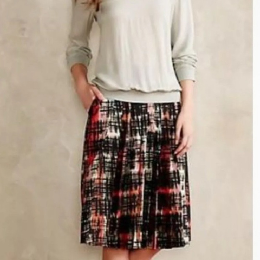 Anthropologie Fynn & Rose Romantic Pleated Check Print MIDI Skirt Size 0